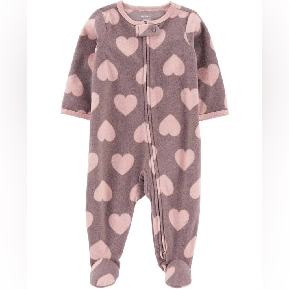 Heart Pattern Fleece 2-Way Zipper Baby Footsie Jumpsuit